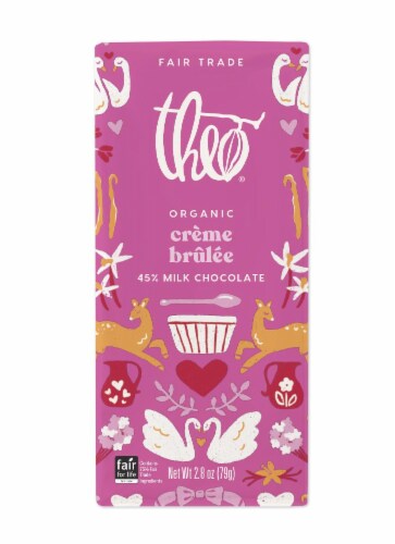 Theo® Chocolate Creme Brulee Milk Chocolate Bar Perspective: front