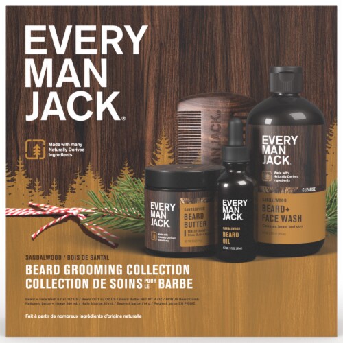 Every Man Jack Sandalwood Mens Beard Kit Holiday Gift Set, Face Wash, Beard Butter, Beard Oil & Comb Perspective: front