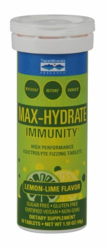 Trace Minerals Research Max-Hydrate Immunity+ Lemon-Lime Electrolyte Fizzing Tablets Perspective: front