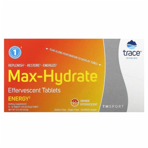 Trace Minerals Research Max-Hydrate Energy+ Orange Electrolyte Fizzing Tablets Tubes Perspective: front
