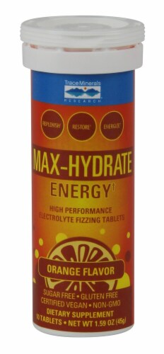 Trace Minerals Research Max-Hydrate Energy+ Orange Flavor Electrolyte Fizzing Tablets Perspective: front