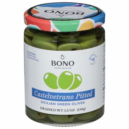 Bono Castelvetrano Sicilian Pitted Green Olives Perspective: front