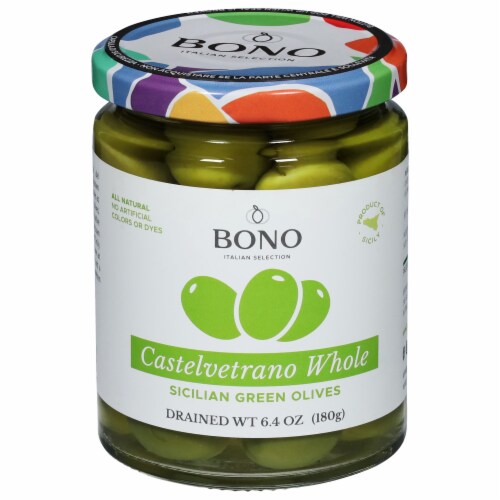 Bono Castelvetrano Sicilian Whole Green Olives Perspective: front