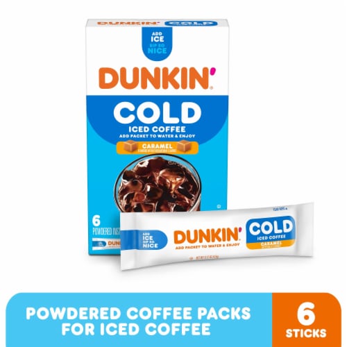 Dunkin’ Cold Iced Coffee, Caramel Artificially Flavored Powdered Instant Coffee Packs Perspective: front