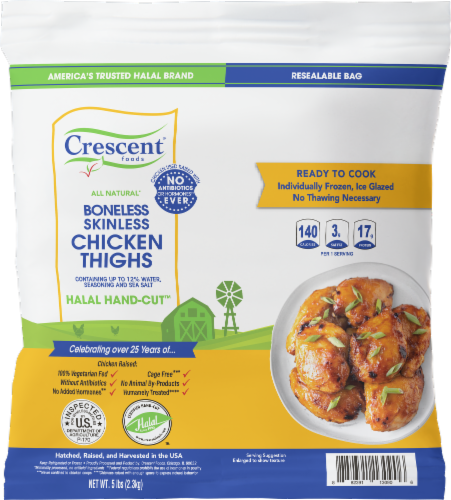 Crescent Foods Halal Hand-Cut Boneless Skinless Chicken Thighs Perspective: front