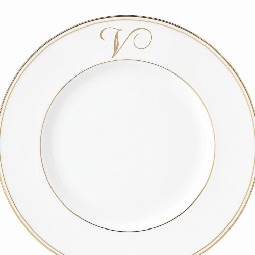 Lenox 9 in. dia. Federal Gold Monogram Script Accent Plate - V Perspective: front