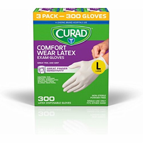 CURAD Comfort Wear Latex, Vinyl Exam Gloves, Large (Pack of 300) Perspective: front