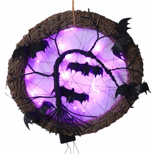 Northlight 15  LED Lighted Rattan with Bats Halloween Wreath - Purple Lights Perspective: front
