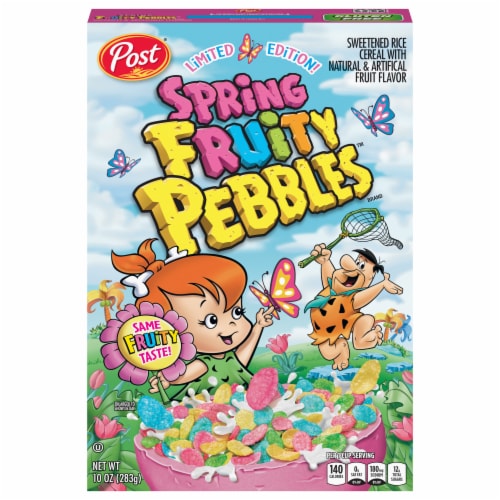 Post® Limted Edition Spring Fruity Pebbles™ Cold Cereal Box Perspective: front