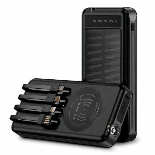 Outdoor Solar 10,000mAh Power Bank - Wireless Charging, Built-in Cables, IP65Water/Dust proof Perspective: front