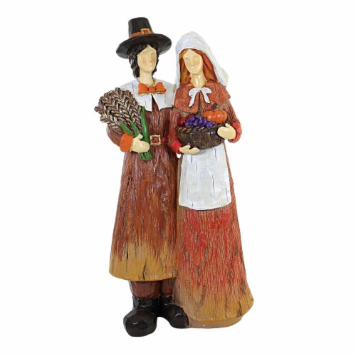 Thanksgiving Harvest Pilgrim Couple W/Basket Wheat Basket Of Fruit H8669 Perspective: front