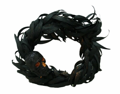 Gothic 17 Inch Diameter Black Skull Halloween Feather Wreath Door or Wall Decor Perspective: front