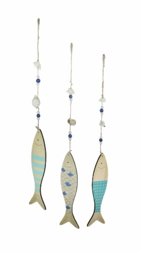 Set of 3 Hanging Wooden Fish Wall Decor Nautical Beach House Art