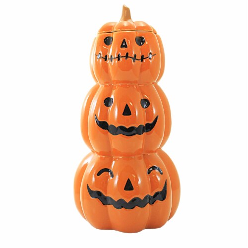 Tabletop Stacked Jacks Treat Jar Dolomite Cookie Biscut Candy Halloween Th00122 Perspective: front
