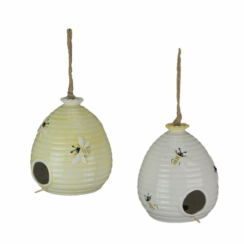 Dolomite Bumble Bee Hive Bird House Decorative Ceramic Outdoor Decor Set of 2 Perspective: front
