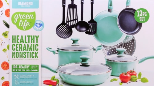 GreenLife Diamond Ceramic Non-Stick Cookware Set - Black / Turquoise Perspective: front