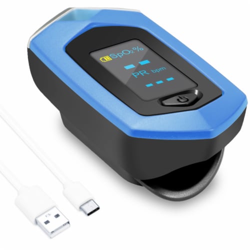 FINGER PULSE OXIMETER SATURATION MONITOR,BLUE Perspective: front