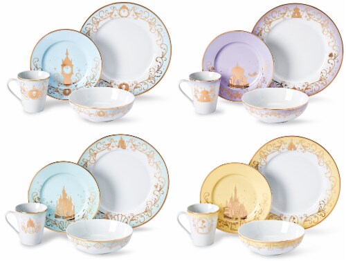 Disney Princess 16-Piece Dinnerware Set | Cinderella, Jasmine, Ariel, Belle Perspective: front