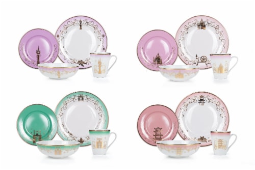 Disney Princess 16-Piece Ceramic Dinnerware Set | Tiana, Rapunzel, Aurora, Mulan Perspective: front
