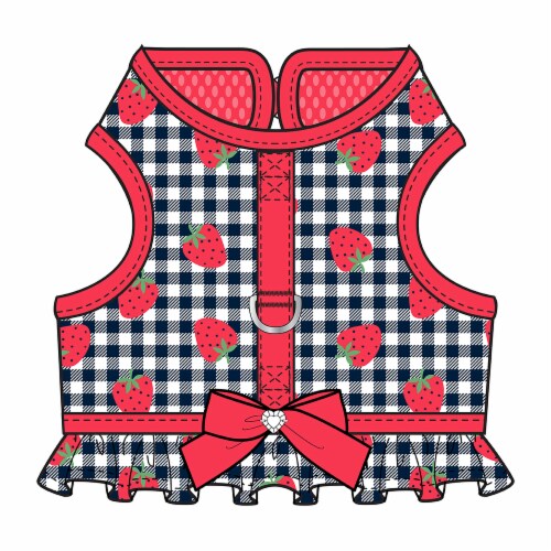 Simply Dog Mission Pets Gingham Strawberry Harness - Red/Black/White Perspective: front