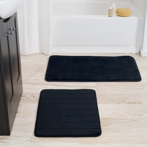 Lavish Home 2 Piece Memory Foam Striped Bath Mat Set - Black Perspective: front