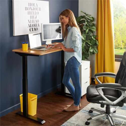 Serta Creativity Electric Height Adjustable Standing Desk Light Brown Perspective: front