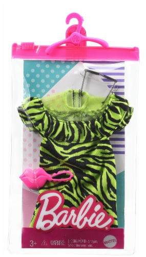 Barbie Fashion Pack of Doll Clothes, 1 Green & Black Zebra Print Mini Dress & 2 Accessories Perspective: front