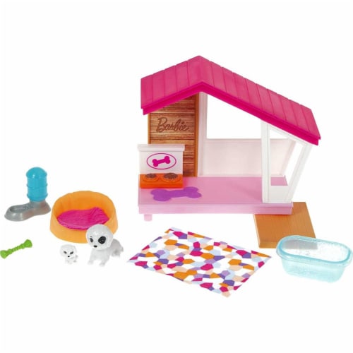 Barbie Mini Playset with 2 Pet Puppies, Doghouse and Pet Accessories Perspective: front