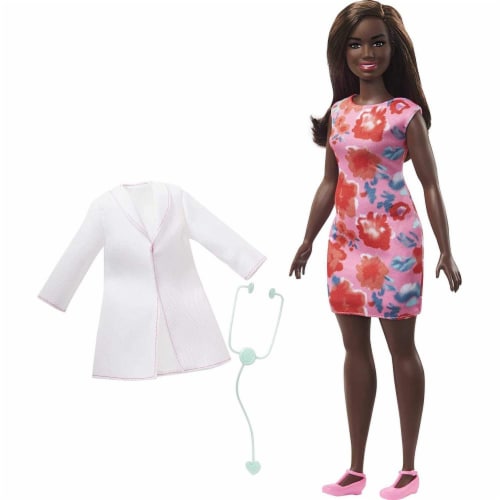 Barbie Doctor Doll, Brunette Hair, Curvy Shape, Doctor Coat, Print Dress, Stethoscope Perspective: front