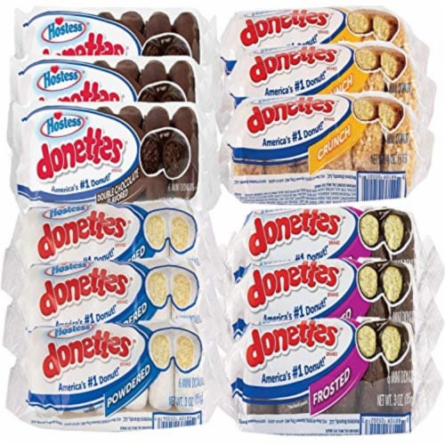 Hostess Donettes Variety Pack by Tribeca Curations | Powdered, Frosted, Double Chocolate, and Perspective: front