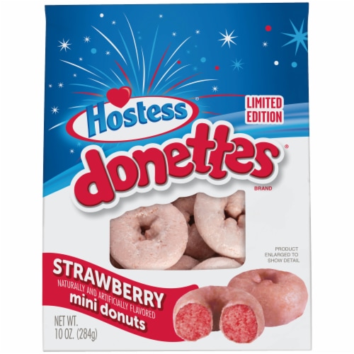 HOSTESS Strawberry Naturally & Artificially Flavored DONETTES, Limited Edition, Mini Glazed Donuts Perspective: front
