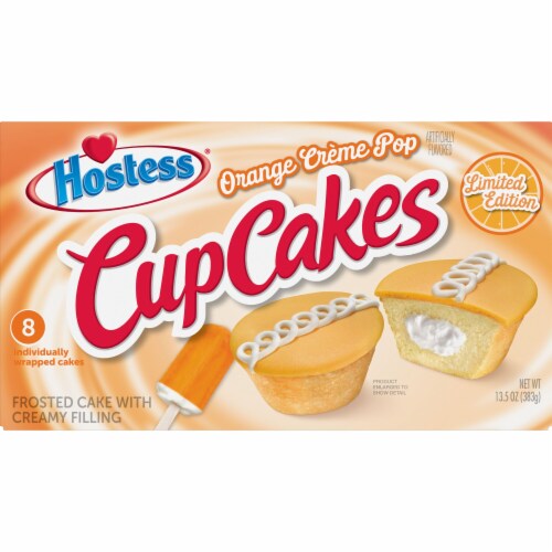 HOSTESS Limited Edition Orange Crème Pop Artificially Flavored CupCakes, Creamy Filling Perspective: front