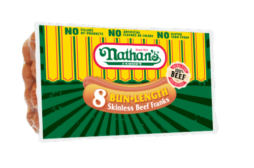 Nathan's Famous Bun Length Skinless Beef Hot Dog Franks Perspective: front