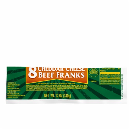 Nathan's Famous Cheddar Cheese Beef Hot Dog Franks Perspective: front