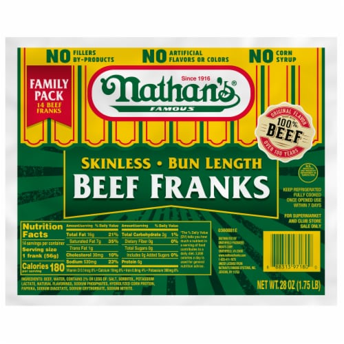 Nathan's Famous Skinless Bun Length Beef Hot Dog Franks Perspective: front