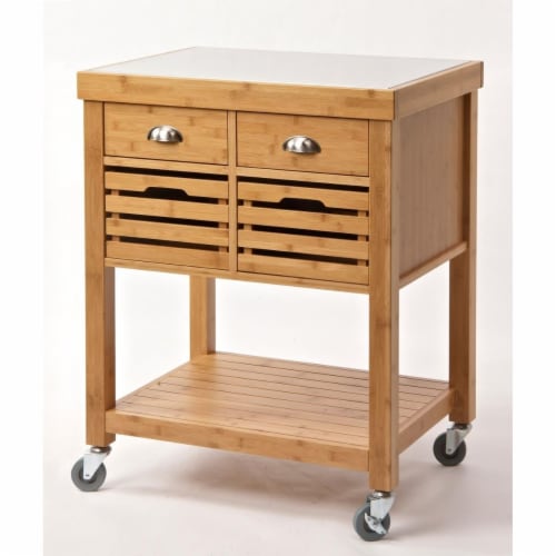 Boraam 50650 Kenta Bamboo Kitchen Cart with Stainless Steel Top - Natural Perspective: front
