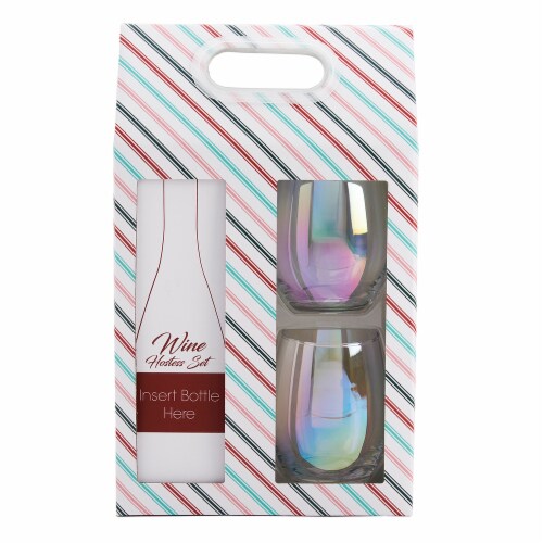 Holiday Home Hostess Stemless Wine Glass with Wine Opener - Iridescent Perspective: front