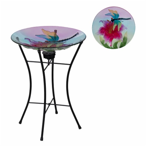 HD Designs Outdoors Dia Dragonfly Birdbath with Solar Stand Perspective: front