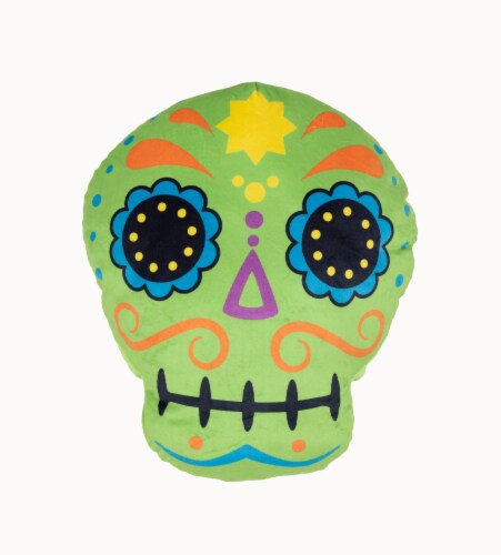 Holiday Home Halloween Day of the Dead Large Green Skull Plush - Dia de Los Muertos Perspective: front
