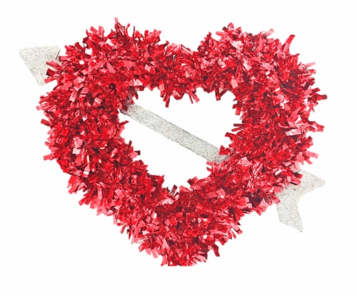 Holiday Home Valentine's Heart Tinsel Wreath with Arrow - Red Perspective: front