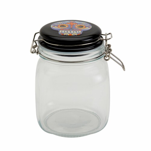 Holiday Home Day of the Dead Clamp Jar- Purple Skull Perspective: front