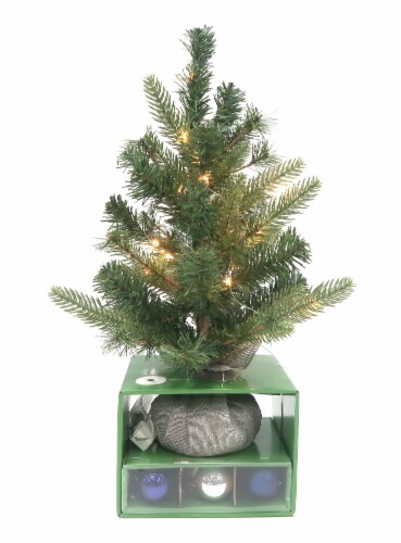 Holiday Home Mini Christmas Christmas Tree with Ornaments and Lights - Blue / Silver / Gunmetal Perspective: front