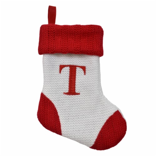 Holiday Home White with Red Toe & Heel Monogram Mini Stocking Letter T Perspective: front