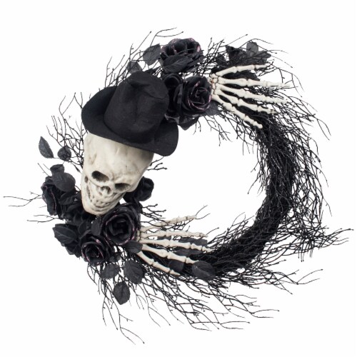 Holiday Home 22" Skeleton Hat Wreath Halloween Decor Perspective: front