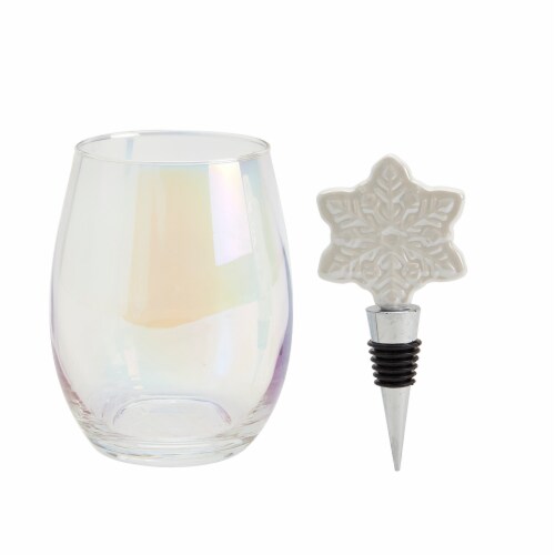 Holiday Home Iridescent Stemless Wine Glass with Snowflake Bottle Stopper Set Perspective: front