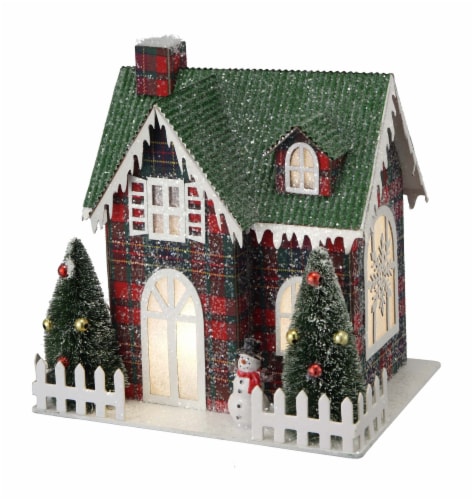Holiday Home LED 8 in Paper House Green Plaid Perspective: front