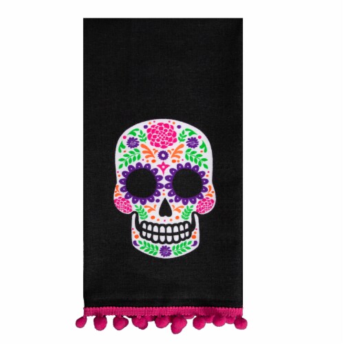 Holiday Home Marigold Skull Print Dual Kitchen Towel with Pom-Poms Perspective: front