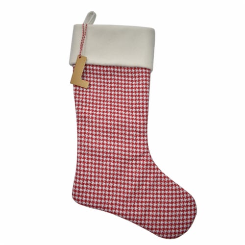 Holiday Home Monogram Houndstooth Stocking with Hanging Letter L - Red Perspective: front