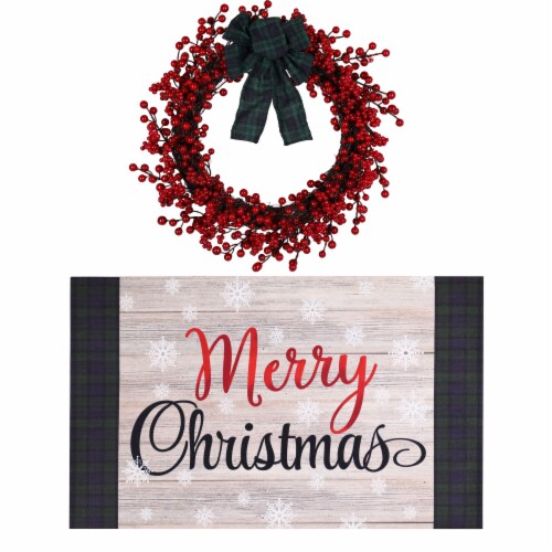 Holiday Home 20" Holiday Wreath and Christmas Doormat Perspective: front