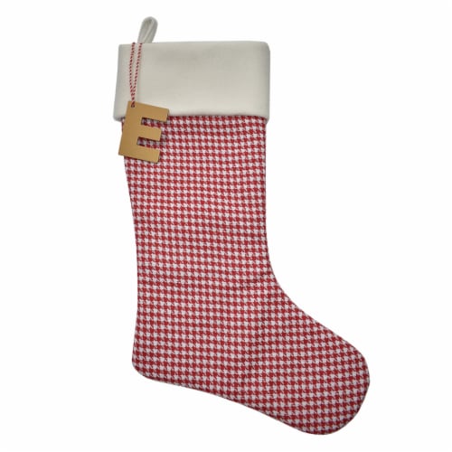 Holiday Home Monogram Red Houndstooth Srocking with Hanging Letter E Perspective: front